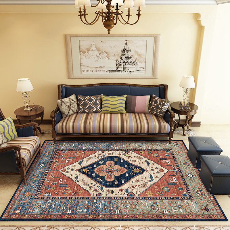 Red Bohemian Area Carpet Polyester Tribal Pattern Area Rug Stain Resistant Rug for Home Decor