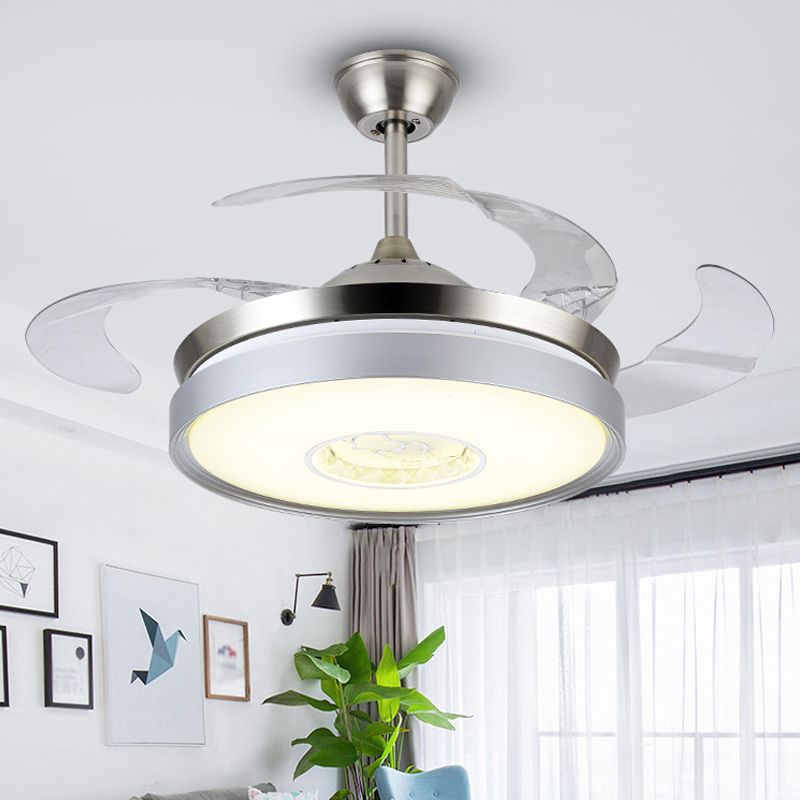 4-Blade Acrylic Drum Pendant Fan Light Contemporary 19" Wide LED Silver Semi Flush for Dining Room