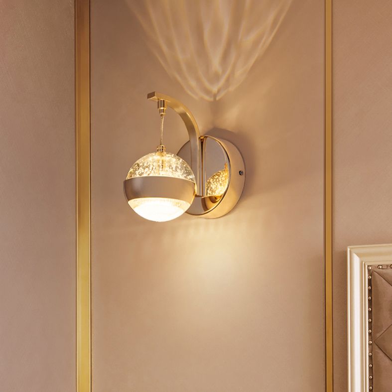 Bedroom Sconce Light Fixture Modern Style Gold LED Wall Lighting Fixture with Round Crystal Shade