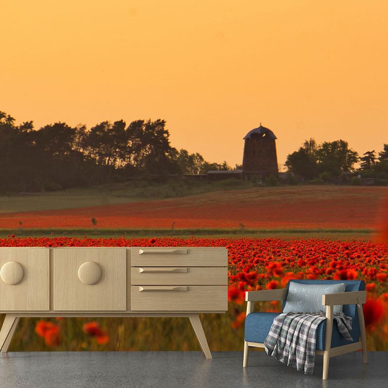 Customized Poppy Field Mural Wall Covering Decorative Mildew Resistant for Living Room
