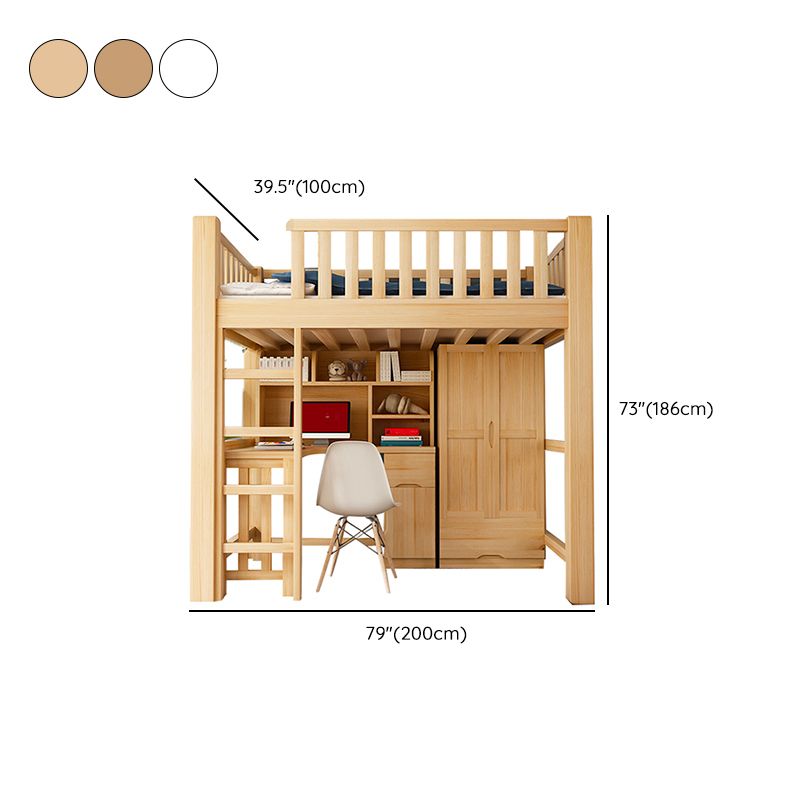 Modern Solid Wood Loft Bed Natural Storage Kids Bed with Guardrails