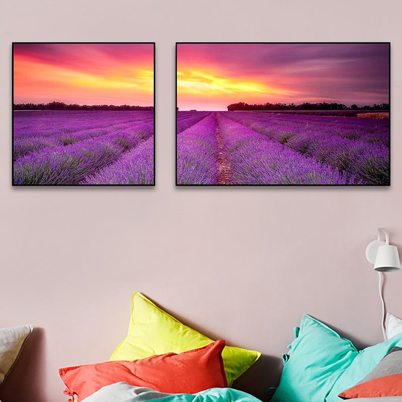 Lavender Field Wall Art Modern Enticing Nature Scenery Canvas Print in Purple for Room