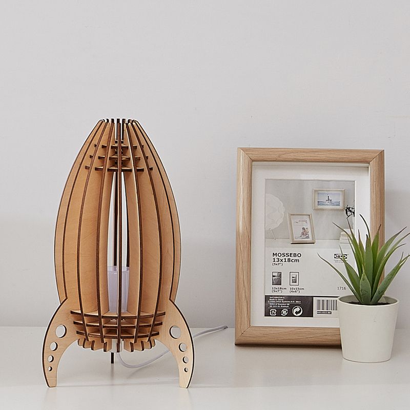 Beige Rocket Frame USB Night Table Light Cartoon LED Wood Nightstand Lamp for Bedroom