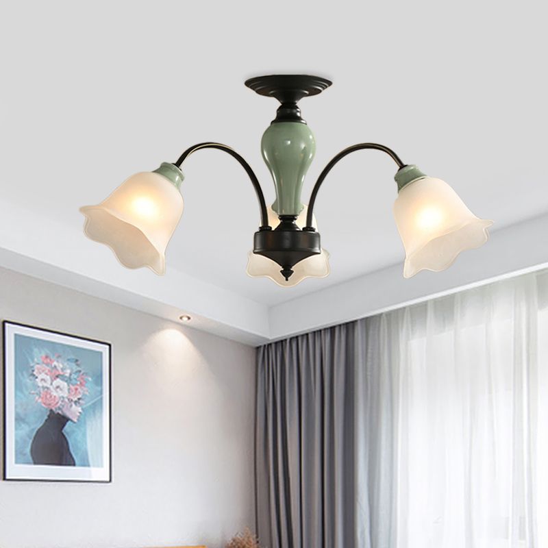 Black Flower Semi Flush Countryside Frosted Glass 3/6/8 Heads Living Room Ceiling Mount with Curved Arm