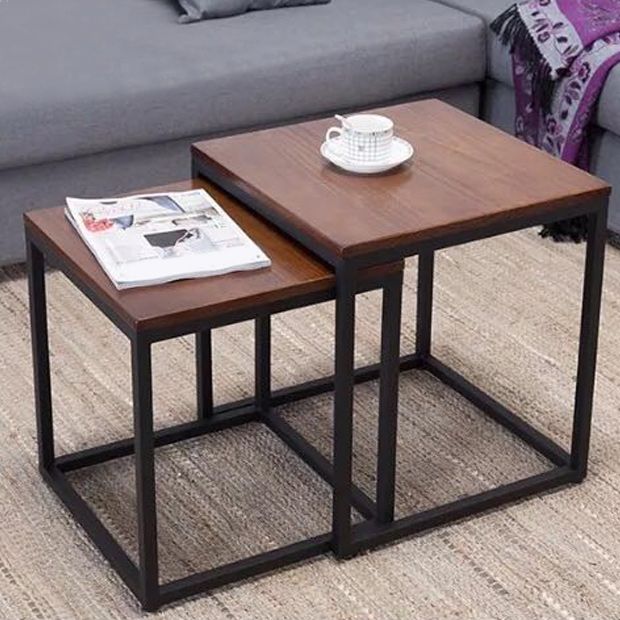 Scandinavian Nesting Coffee Table Set with Solid Wood Top and Iron Base
