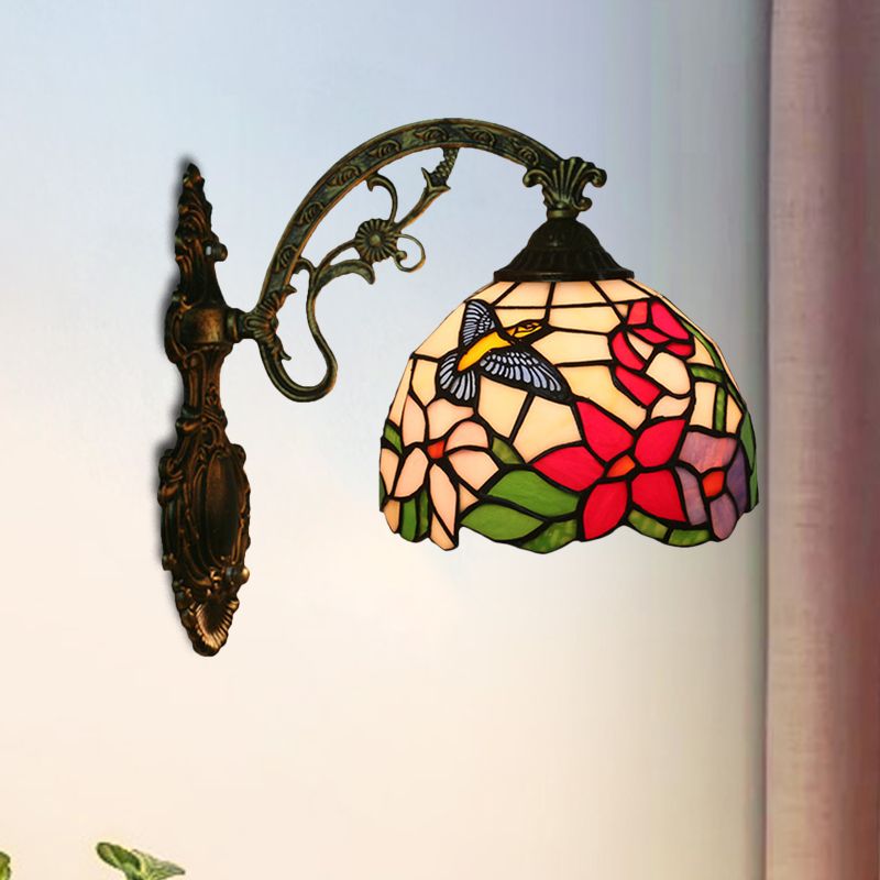 Hand-Crafted Glass Bronze Wall Lighting Magpie and Flowers 1 Head Tiffany Sconce Light Fixture