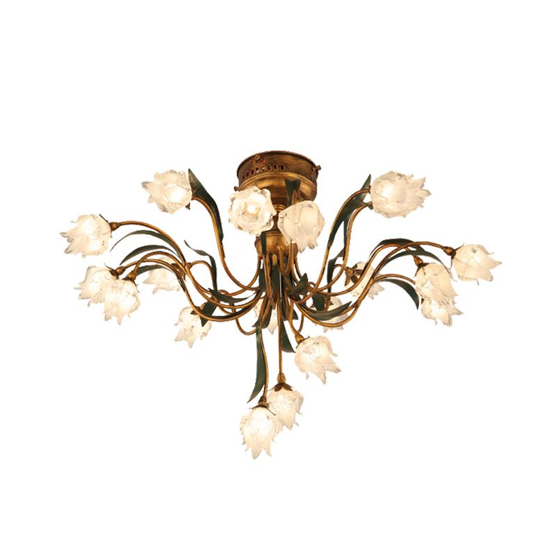 Brass Bloom Semi Flush Light Romantic Pastoral Metal 19 Bulbs Living Room LED Close to Ceiling Lamp