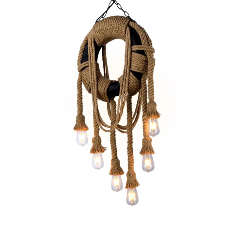 Rope Black Pendant lampe pneu 6 lumières Industrial Chandelier Lightture pour le café