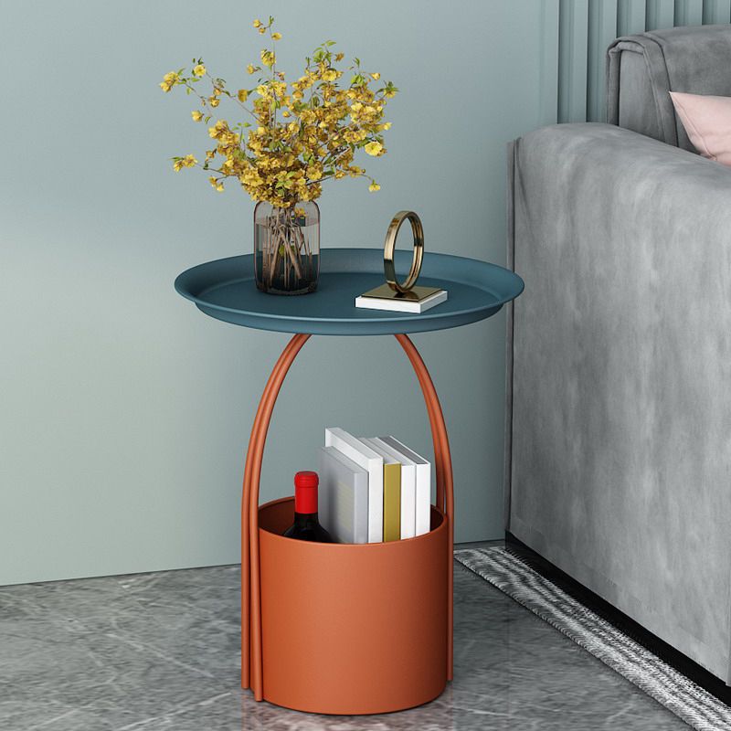 Mid-Century Round Tray Top Side Table Iron Pedestal End Table with Storage