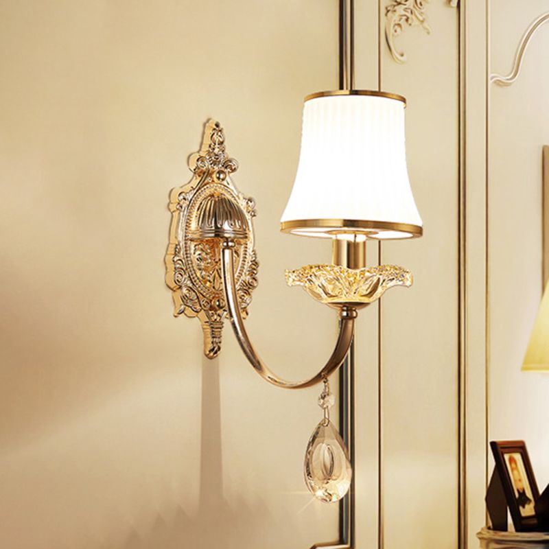 1/2-Light Flared Wall Light Sconce Traditionalism Brass Frosted White Glass Wall Lighting Fixture with Crystal Draping