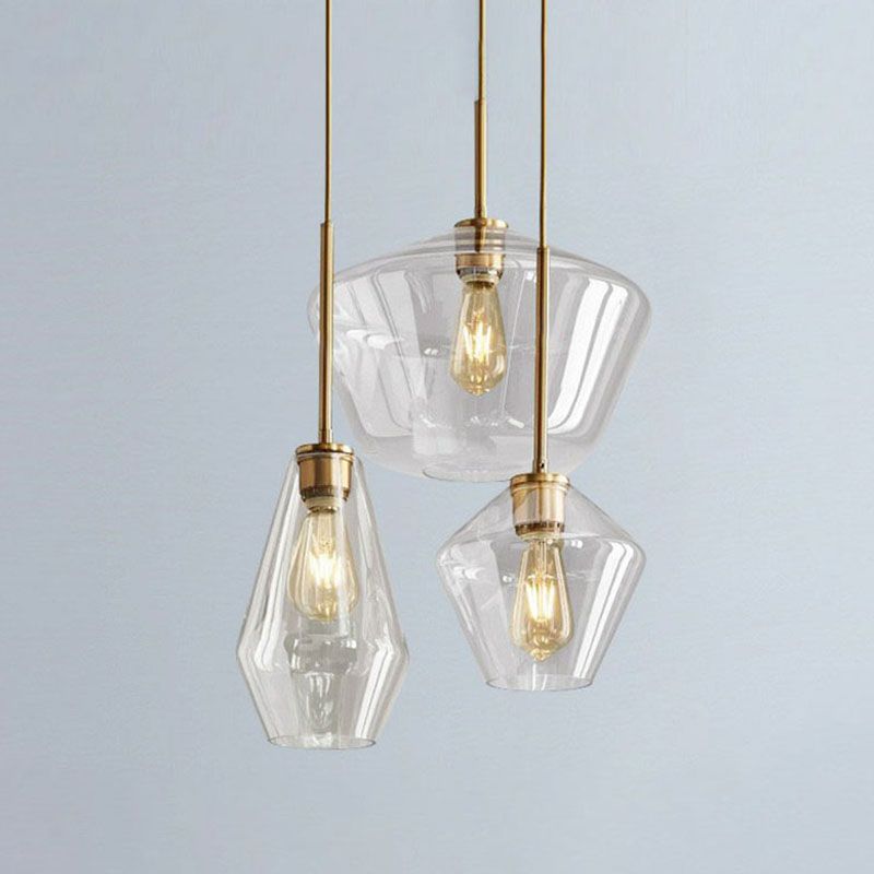 Gemstone Glass Hanging Light Fixture Postmodern 3-Head Brass Finish Cluster Pendant Light