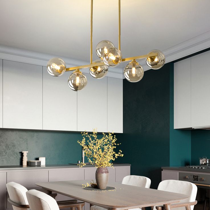 Gold Sputnik Island Pendant Light in Modern Creative Style Copper Indoor Hanging Light with Amber Glass Shade