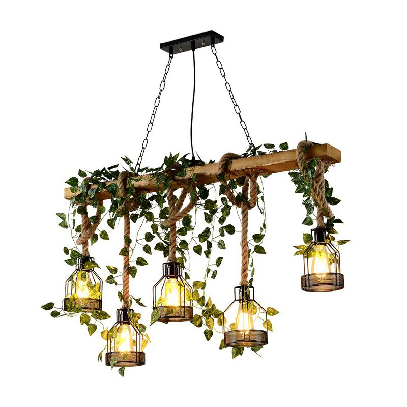 Wooden Brown Island Light Linear 5 Heads Rustic Pendant Light with Cage Shade and Green Art Ivy