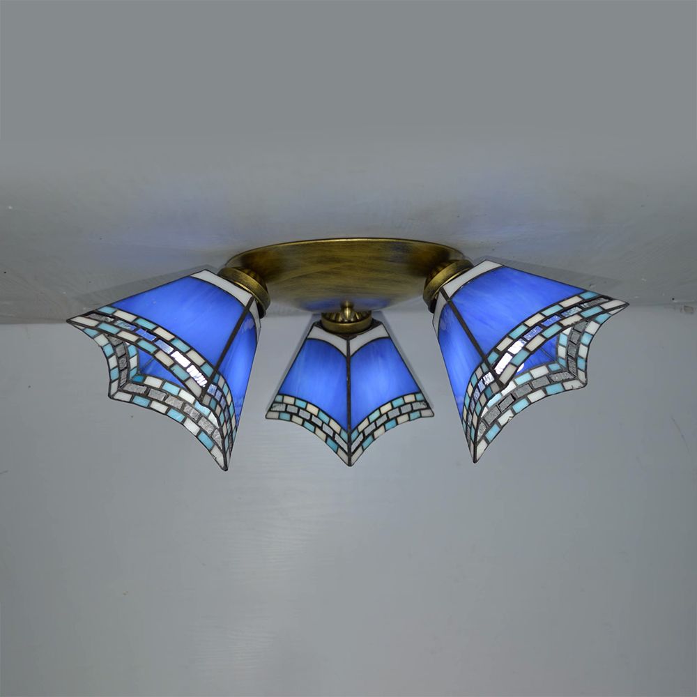 3 Heads Geometric Flushmount Light Vintage Stained Glass Flush Mount Ceiling Light in Yellow/Sky Blue/Pink/Green/Dark Blue for Bedroom