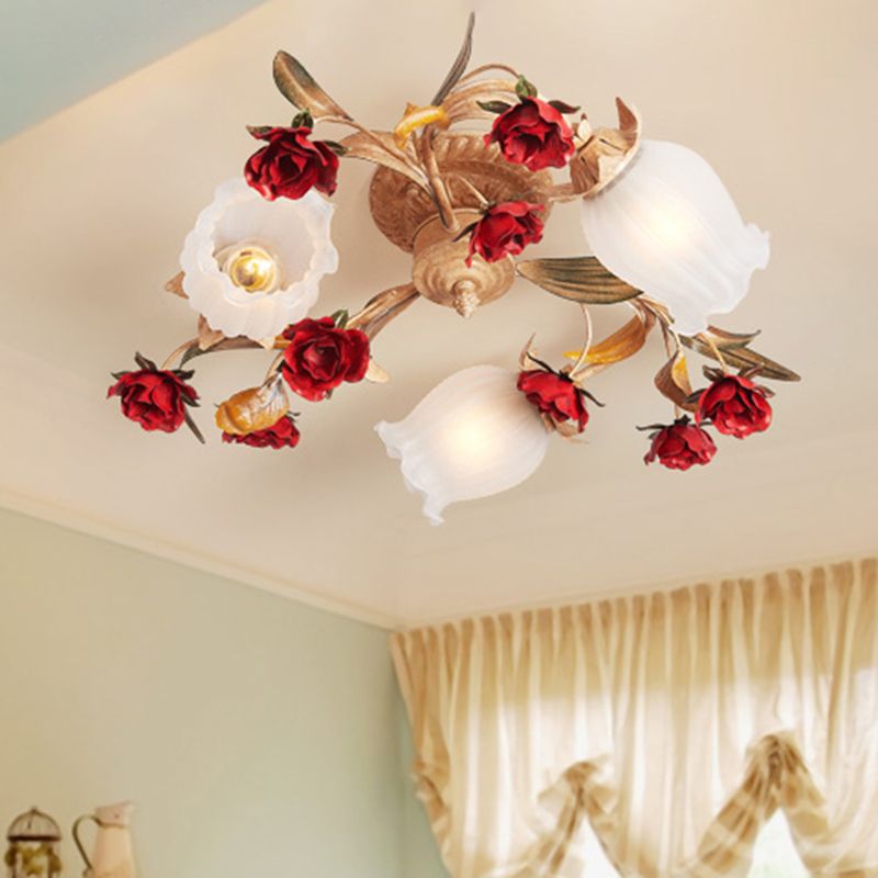 Blossom Bedroom Semi Flush Mount Romantic Pastoral Metal 3/6 Lights Café près du plafond lampe