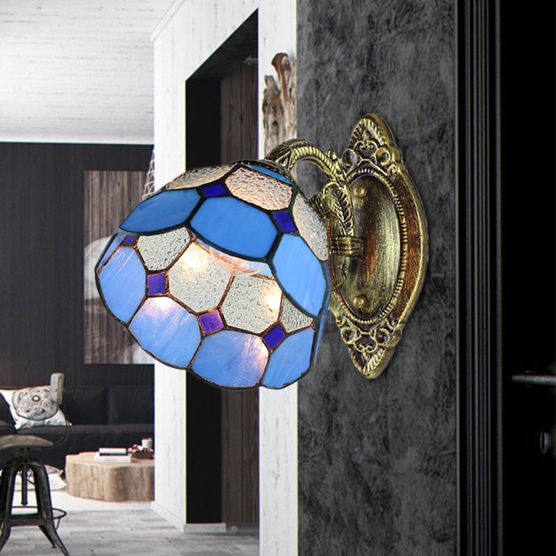 Scalloped Edged Wall Lighting Tiffany Style Stained Glass 1 Head Wall Sconce in Blue for Stairway