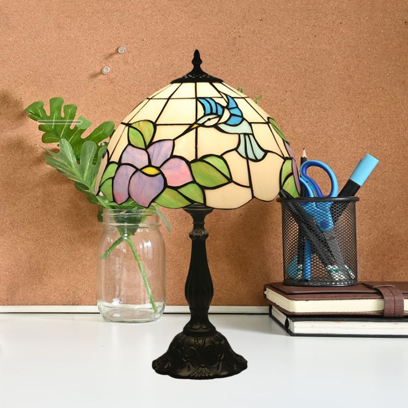 Bird et fleur léger 1 tête en vitrail Baroque Table Lampe en bronze avec ombre de bol