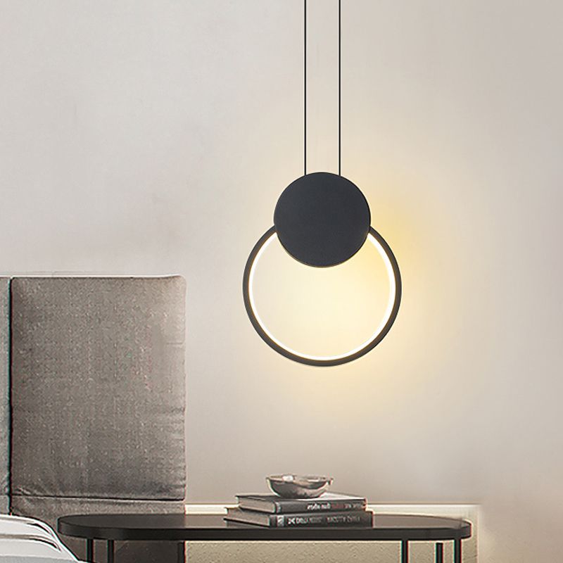 Round Suspension Light Modernism Acrylic White/Black LED Hanging Lamp Fixture for Bedside, White/Warm Light