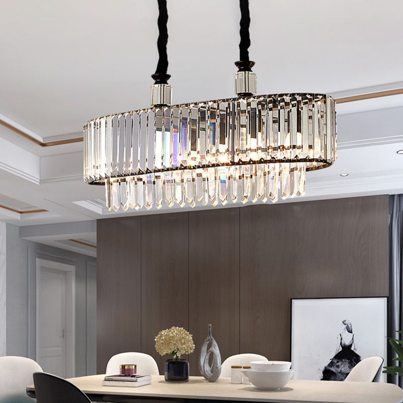 4/6 Heads Dining Room Island Lighting Contemporary Black Hanging Ceiling Lamp with Rectangle Crystal Prisms Shade, 27.5"/35.5" Wide