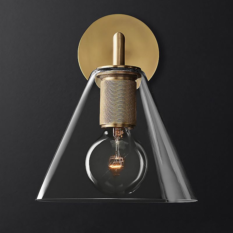Conic Bedside Wall Mount Light Clear Glass 1-Light Minimalistic Sconce Lamp in Brass