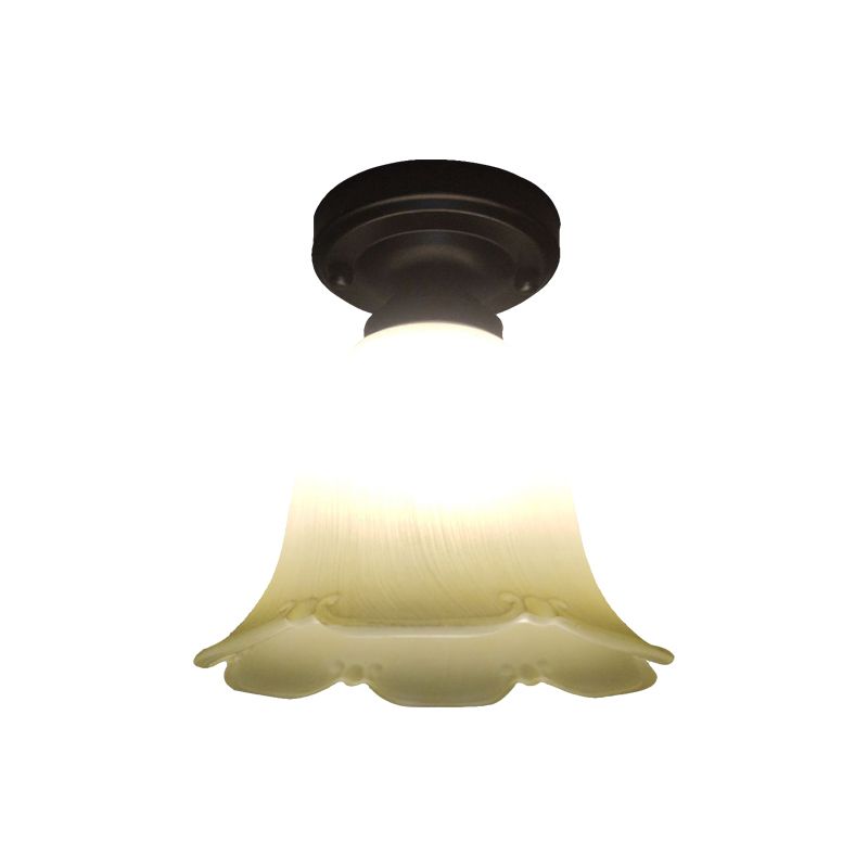 Single Head Flush Lamp Cottage Flower White Glass Ceiling Flush Mount Light in Black