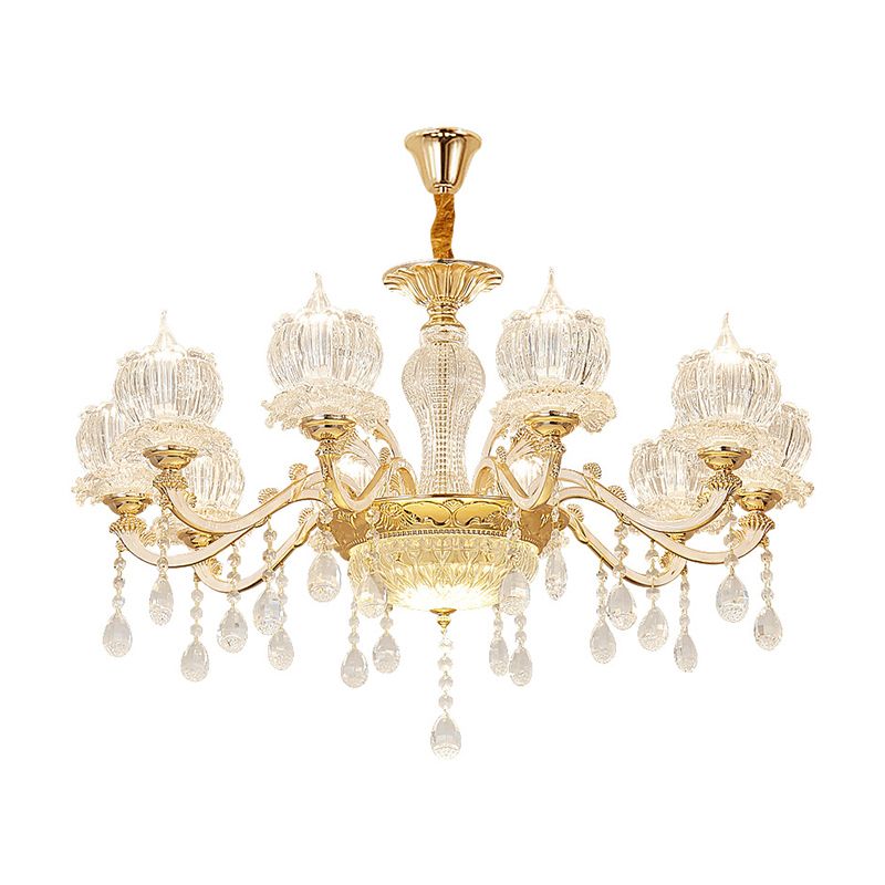 Ribbed Crystal Flower Ceiling Lighting Traditional Living Room Chandelier Light with Crystal Draping in Clear