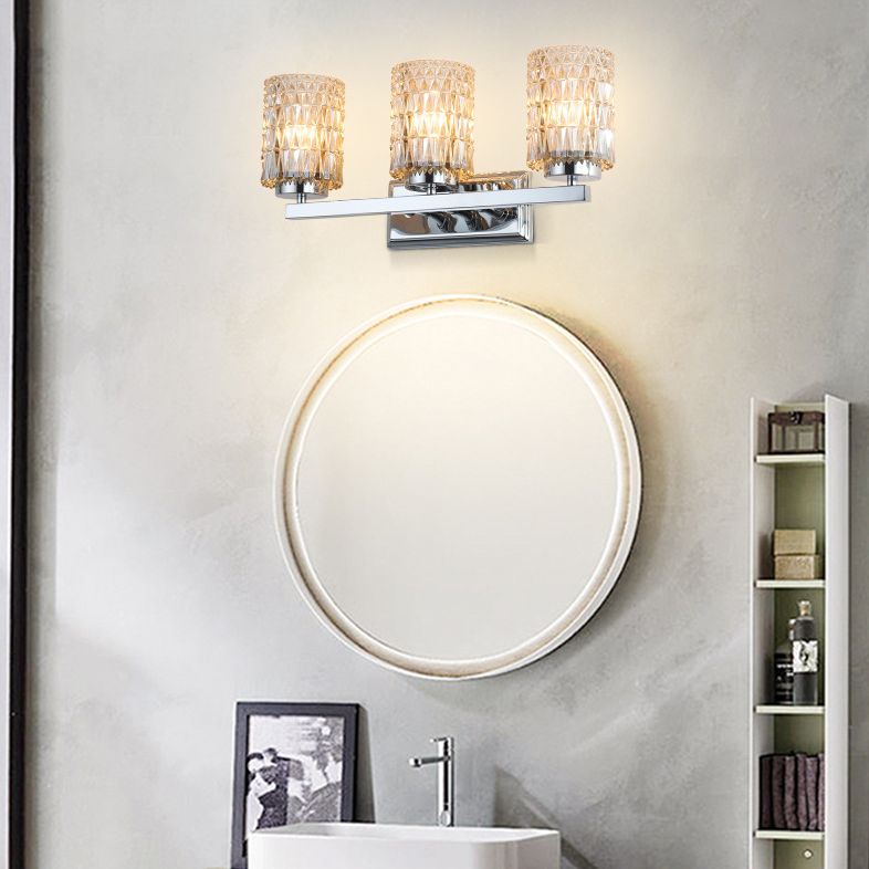 3-Light Cylindrical Vanity Lamp Traditional Chrome Lattice Glass Wall Sconce for Bathroom
