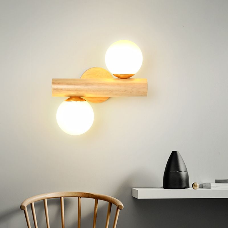 Iluminación de pared de madera de 2 luces lámpara de pared de globo moderna con sombra de vidrio