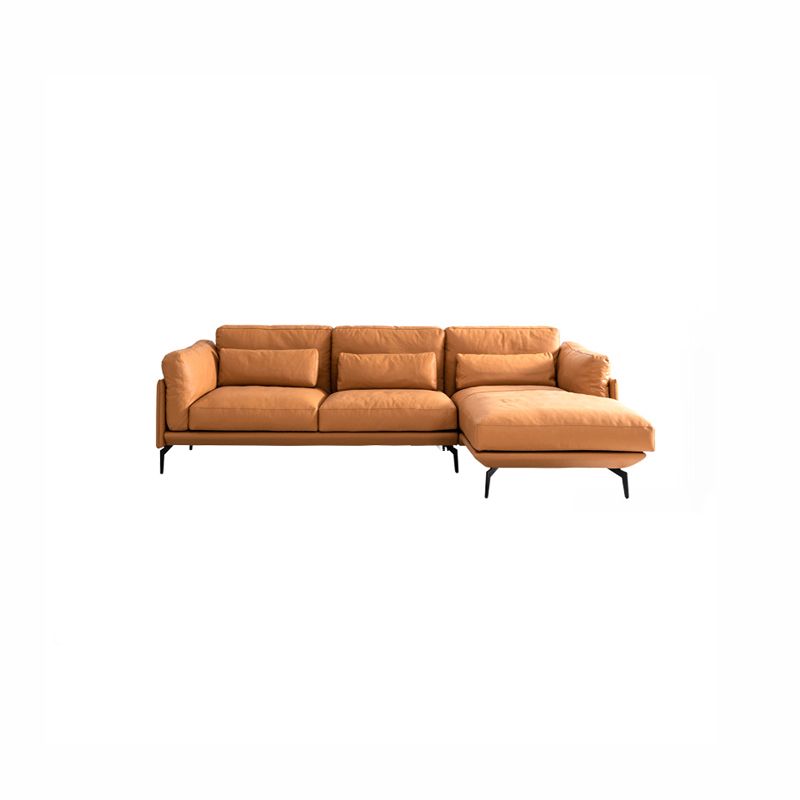 Square Arm Genuine Leather Sofa and Chaise Brown Sectional with Bolster Pillows