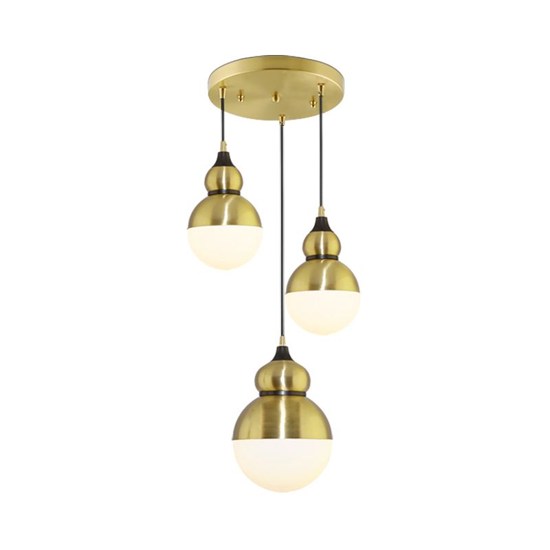 Gourd Dinette Multi-Light Pendant Cream Matte Glass 3 Bulbs Modernism Hanging Light in Brass