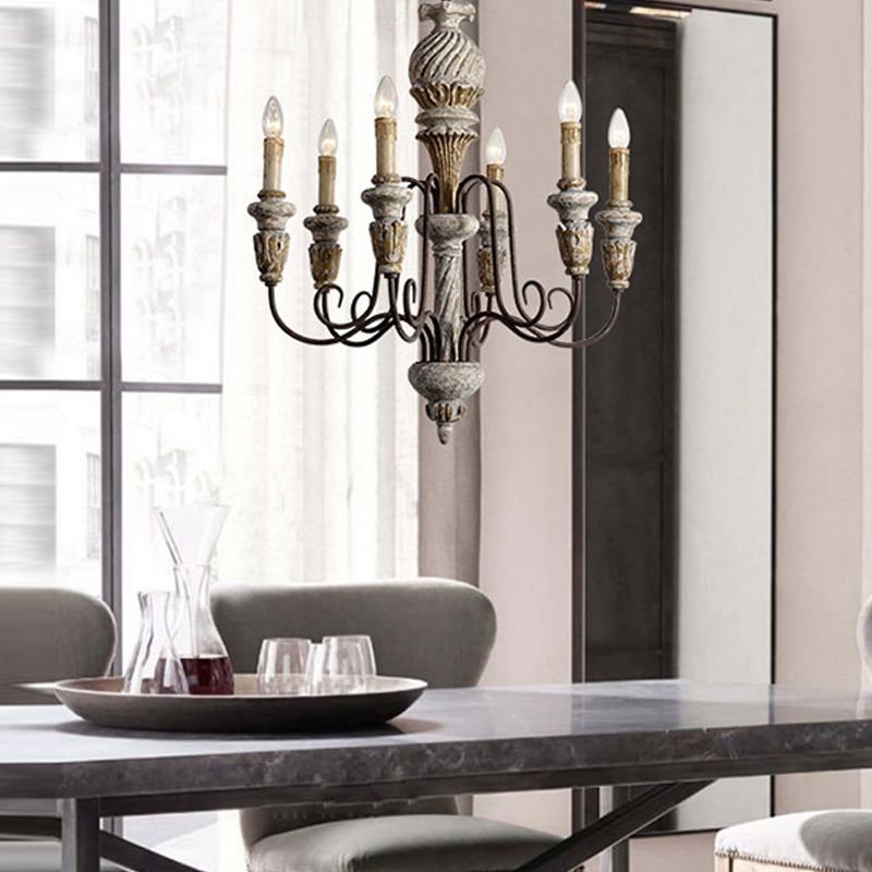 Wood Metal Hanging Chandelier Candle 6 Light Chandelier Lighting for Living Room