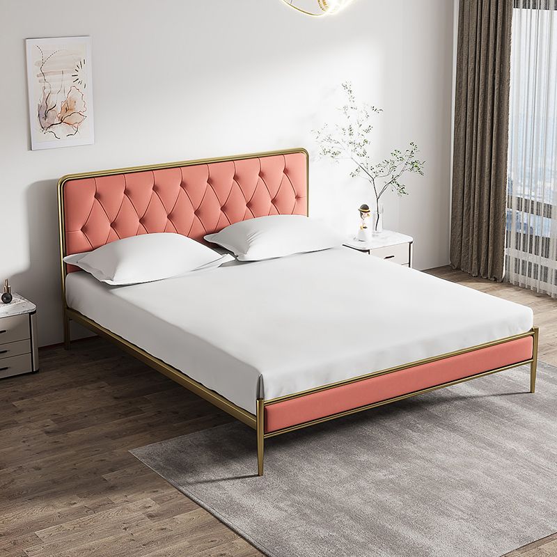 Tufted Upholstered Bed with Headboard Faux Leather Bed with Metal Legs