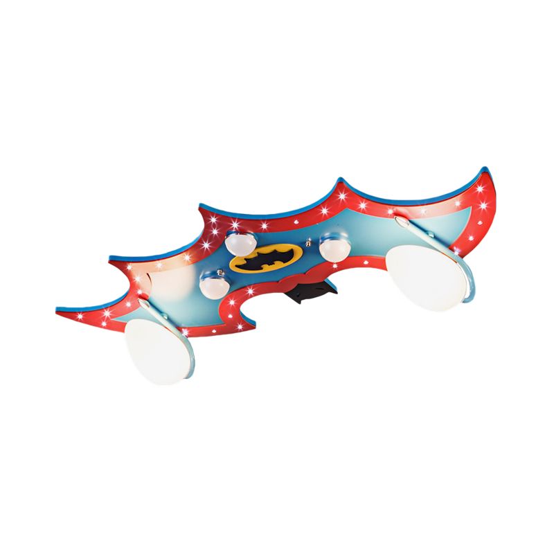 Bat-Like Kindergarten Flush Light Fixture Wood 2 Lights Cartoon Flush Mounted Ceiling Lamp in Blue and Red