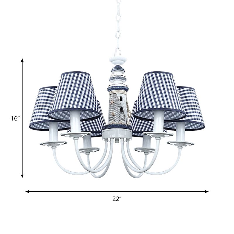 Blue Conic Ceiling Suspension Lamp Modernist 6 Bulbs Fabric Hanging Chandelier with Lighthouse Column Design