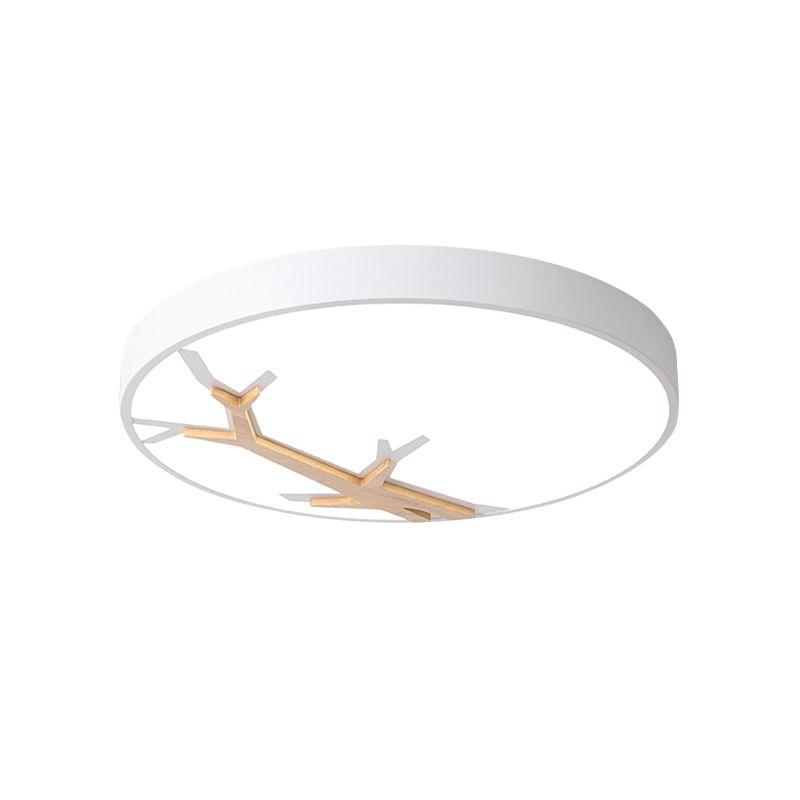 Nordic Round Iron Flushmount LED Ceiling Lighting with Withered Branch Pattern in Grey/White/Blue-Wood