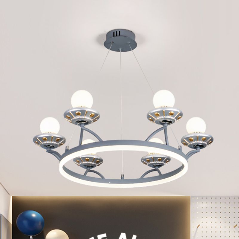 Round Metal Hanging Light Kids 6 Lights Silver Chandelier Lamp with Sphere White Glass Shade