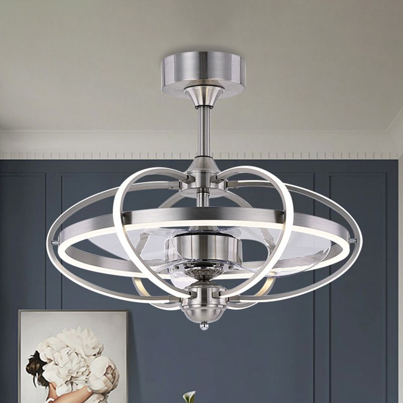 Silber/Weiß/Gold Oval Cage Semi Flush Mount Simplicity LED Silicon Hanging Lüfter Licht mit 3 braunen Klingen, 19,5 "H