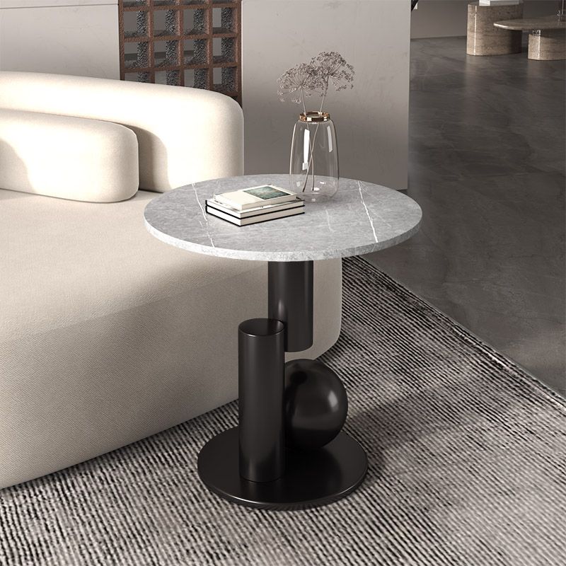 Contemporary Slate Round End Table Pedestal 21.7" Tall Sofa Side Table
