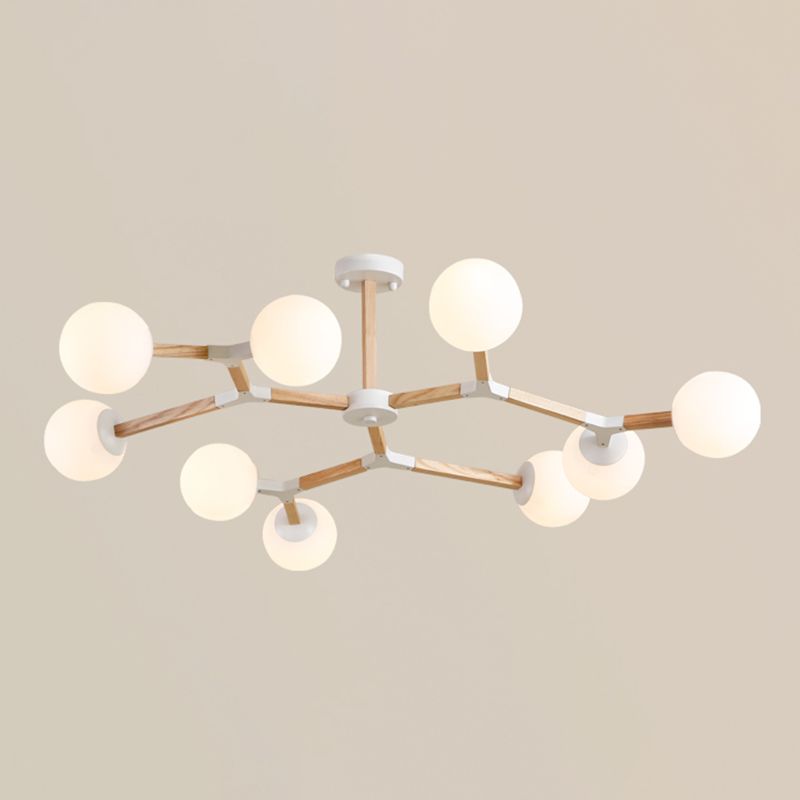 Living Room Chandelier Wooden Macaron Suspension Light with White Glass Shade