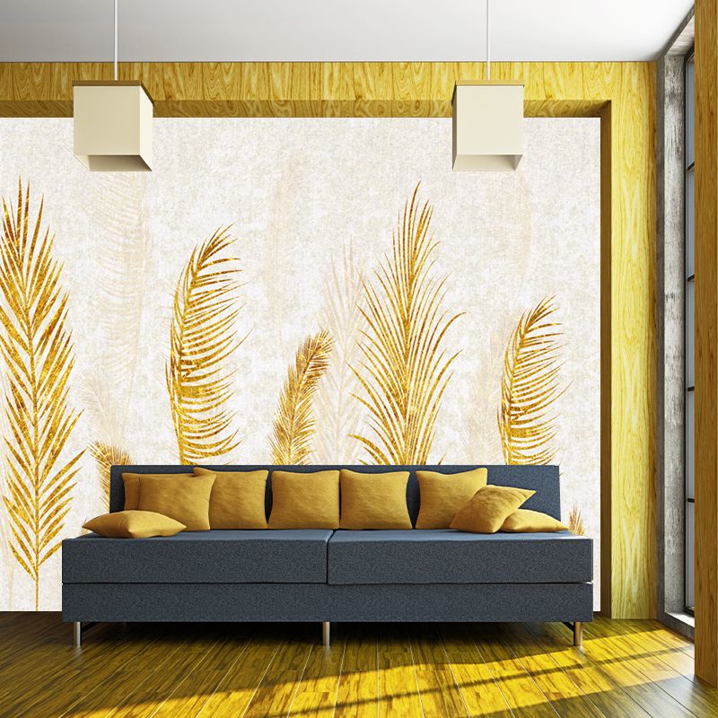Yellow Feather Pattern Murals Wallpaper Moisture Resistant Contemporary Home Wall Decor
