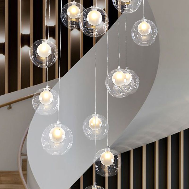 Ball Spiral Stairs Multi-Pendant Clear Dimpled Glass 15-Light Modern Ceiling Light
