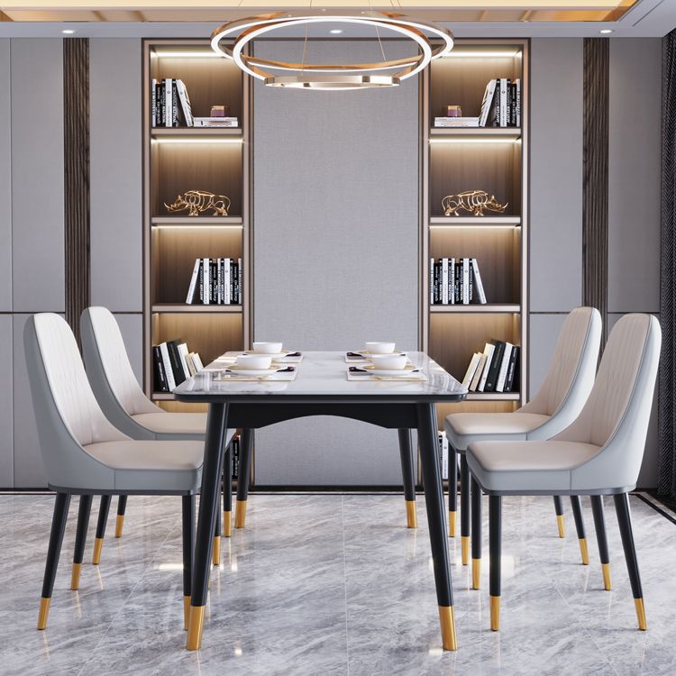 Modern White Slate Rectangular Dining Table Set with Four-leg Rubber Wood Base