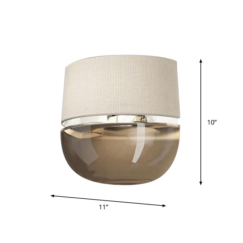 Modern Arched Wall Sconce Grid Pattern Fabric 1-Light Bedside Wall Mount Fixture in White with Bowl Tan Glass Bottom