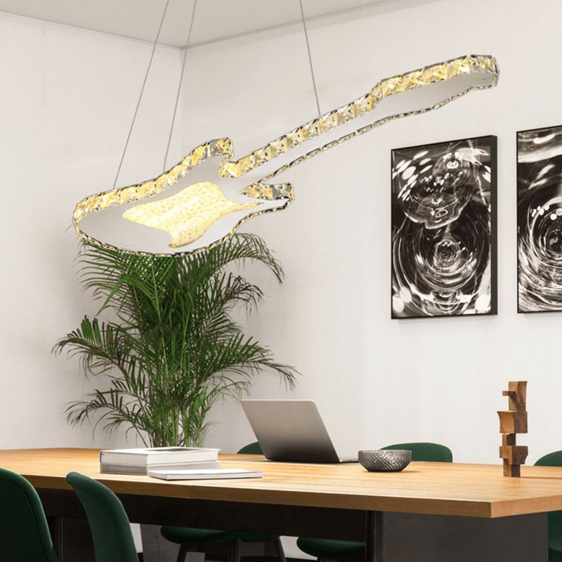 Minimalist Creative Guitar Shaped Pendant Lamp Cut-Crystal Dining Room Chandelier Light in Clear