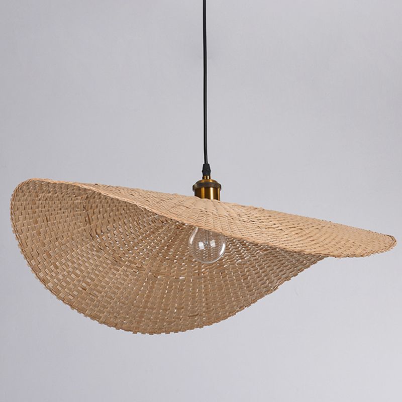 1-Light Beige Bamboo Suspended Lighting Fixture Chinese Pendant Light Kit