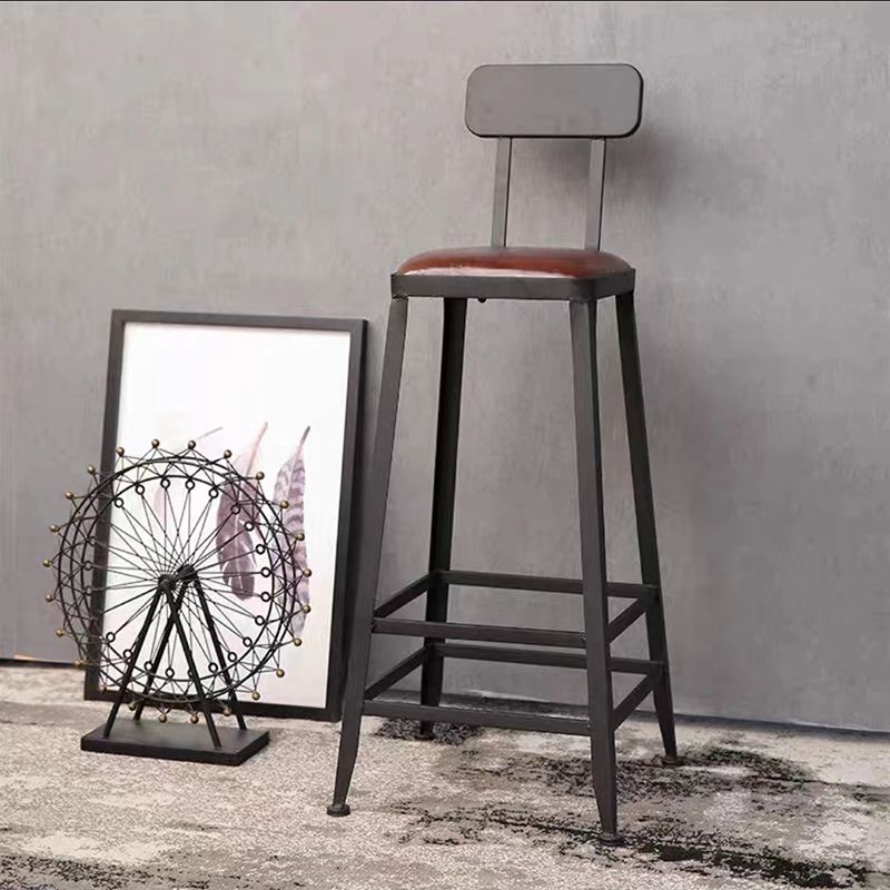 Industrial Brown Counter Stool Leather Square Stool with Black Metal Frame