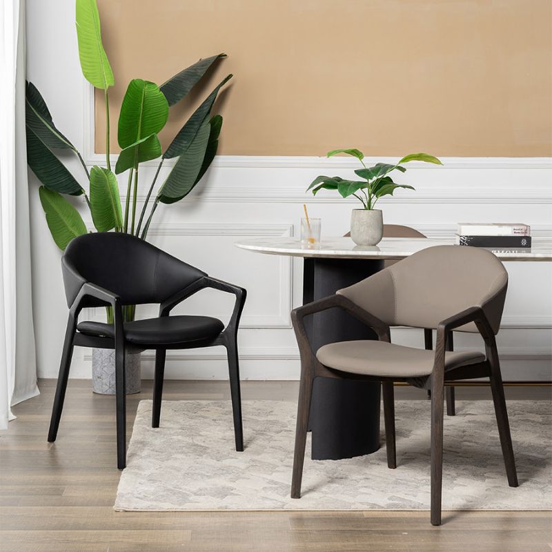 Leather Upholstered Dining Chair Solid Wood Frame Dining Arm Chair