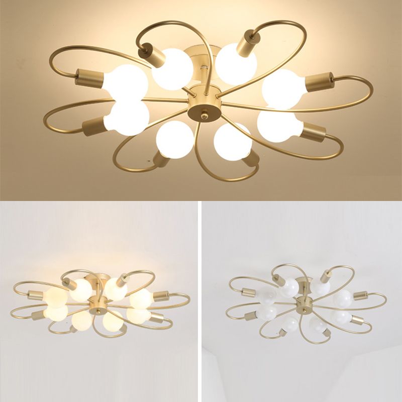 Golden Multi Head Ceiling Light Industrial Metal Semi Flush Mount Lamp for Living Room