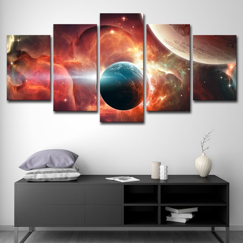 Red Universe Planet Wall Art Multi-Piece Science Fictional Kids Room Canvas Print
