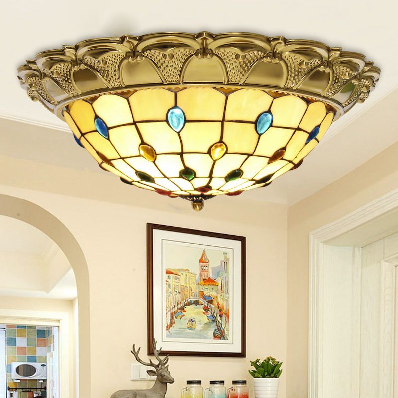 Lattice Bowl Flushmount LED Stained Glass Tiffany Style Beaded Patterned Ceiling Fixture in Brass, 15"/16"/19.5" Wide